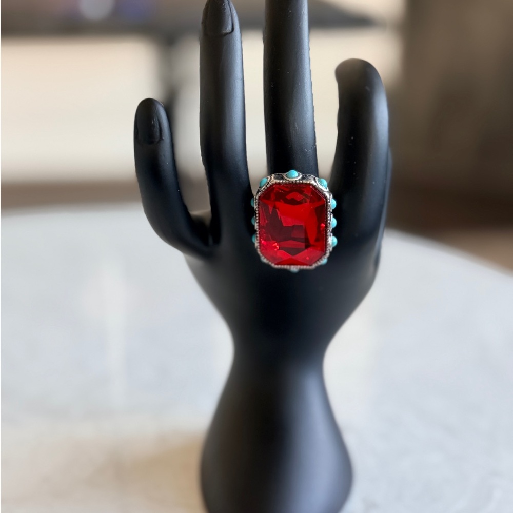 Red Crystal Statement Ring with Turquoise Accents Used